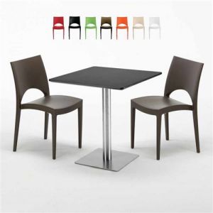 Grand Soleil Table carr&eacute;e noire 70x70 avec 2 chaises color&eacute;es Paris Rum Raisin, Couleur: Marron
