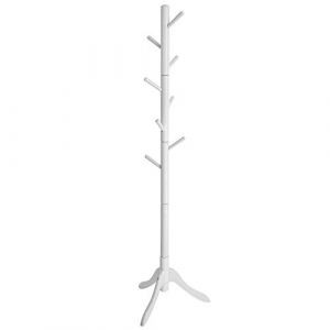 Songmics VASAGLE Portemanteau, Portant à Vêtements en Bois Massif, Support sur Pieds avec 8 Crochets, pour Manteaux, Chapeaux, Sacs, pour Entrée, Couloir, Bois d'Hévéa, Blanc RCR60WT