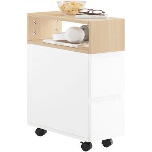 Sobuy FBT155-WN Bout de Canapé sur Roulettes Table de Chevet Table de Nuit Table d'Appoint avec 1 Compartiment Ouvert et 2 Tiroirs