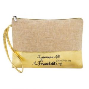 Trousse de maquillage Taperso en jute dore avec motif nounou formidable personnalisee