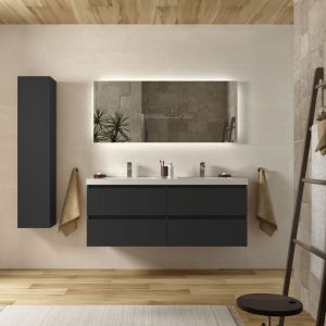 Image de Planetebain Meuble salle de bain - 140 cm - Plan double vasques charge minérale - Noir mat - A suspendre - KARAIB