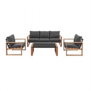 Salon bas de jardin en aluminium effet bois avec coussins 5 personnes PUERTO Gris