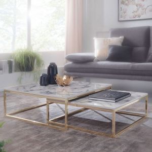 Lot de 2 tables basses 75 et 65 cm aspect marbre blanc et acier doré