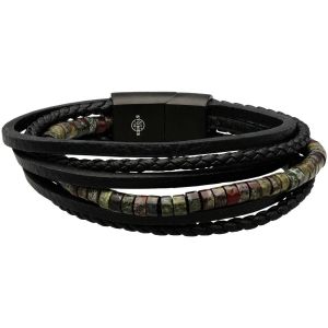 Bracelet Cuir Noir Lisse Et Tressé Avec Perle De Heishi Jaspe Sang De Dragon