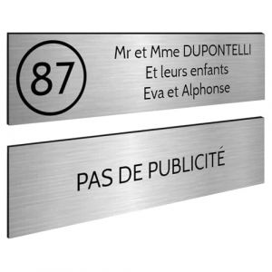 Decoho - Plaque nom avec numéro + Plaque Stop Pub pour boite aux lettres format Decayeux (100x25mm) argent lettres noires - 3 lignes
