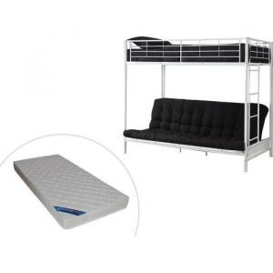 Lit mezzanine 90x190 cm avec banquette convertible en métal blanc + futon + matelas MODULO V