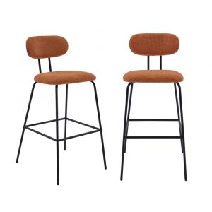 Tabouret de bar décor bois courbé teinté noyer et tissu terracotta