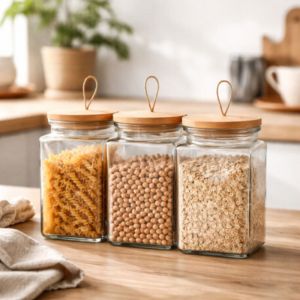 Set de 3 Bocaux en Verre 1500 mL avec Couvercle Herm&eacute;tique en Bois &ndash; Conservation Alimentaire, Cuisine et Stockage Sec