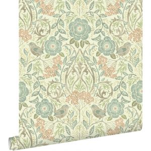 Papier peint fleurs et oiseaux de style art nouveau - 0,53 x 10,05 m de Estahome bleu gris, marron et vieux rose