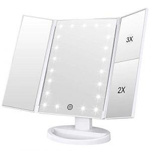 WEILY Miroir de Maquillage, 1x /2x/3x Miroir de Maquillage à Trois Volets avec 21 lumières LED et Miroir réglable à écran Tactile Miroirs de comptoir cosmétiques (Blanc)