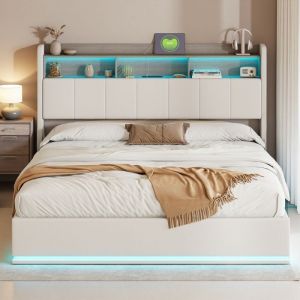 Lit adulte 160x200 cm, Lit 160x200 cm avec espace de rangement, USB et Type C, LED, Lit coffre 160x200cm, Tissu en velours, Blanc