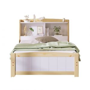 Lit simple d'ado 90x200 en bois massif avec rangement et sommier &agrave; lattes, pin massif