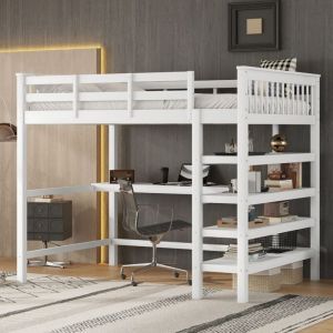 Lit mezzanine enfant 140x200cm avec bureau et &eacute;tag&egrave;res - 2 places - Bois de pin et MDF - Blanc