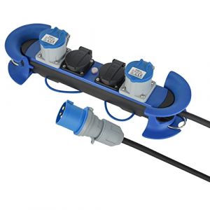 Electraline 62580 Bloc Multiprise Outdoor avec Fiche CEE,2 Prises Schuko + 2 CEE IP44,accrochable avec 2 crochets + serre-c&acirc;bles &eacute;lastiques,C&acirc;ble H07RN-F 3G2.5 Longueur 5M adapt&eacute; camping, caravane