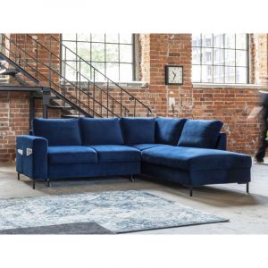Lilly - Canapé d'angle droit - 5 places - convertible - en velours - Bleu nuit