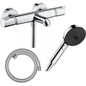Hansgrohe Pack mitigeur bain thermostatique Ecostat Comfort + Flexible Designflex 1,6m + Pommeau Pulsify EcoSmart 3 jets chromé