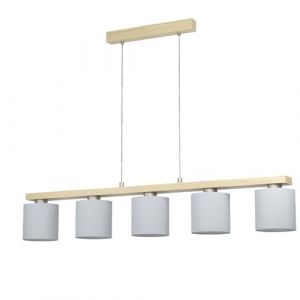 Eglo Suspension Castralvo, luminaire suspendue à cinq lampes, lampe en acier finition nickel mat, bois marron et textile blanc, lampe pour table de salle à manger certifiée FSC, douille E27