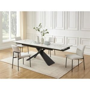 Table à manger extensible 6 à 10 couverts en céramique, verre trempé et métal - Effet marbre blanc et Noir - LUMIEL de Maison Céphy