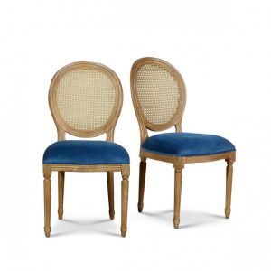 Lot de 2 chaises en hévéa, cannage et velours bleu orage