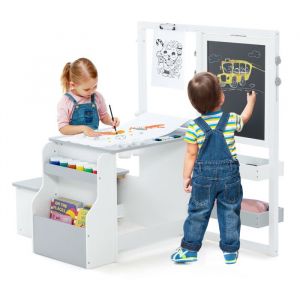 Costway Table Enfant 4 En 1 Avec Tabouret, Table 2 Face Blanc & Noir, Rouleau De Papier -11 Accessoires - Multi Rangement, Gris