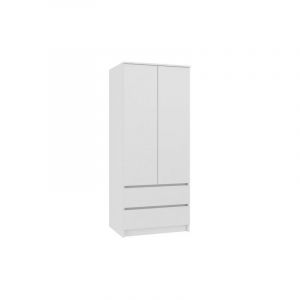 Hucoco TURIN Armoire chambre bureau Penderie multifonctions 2 portes 2 grands tiroirs Meuble de rangement Dressing blanc