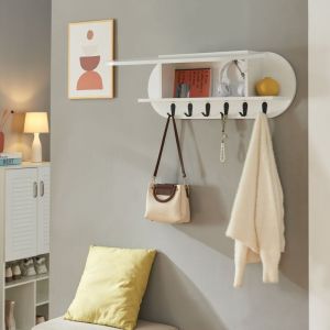 Portemanteau mural Vilk&ouml;n 80x30 cm blanc avec &eacute;tag&egrave;re et 6 crochets noirs [en.casa]