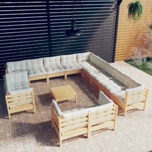 VidaXL Salon De Jardin 14 Pcs Avec Coussins Cr¿¿Me Bois De Pin Solide
