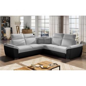 Canapé d'angle - convertible - felipe - en tissu gris clair et simili cuir noir, 5/6 places - Gris clair / Noir