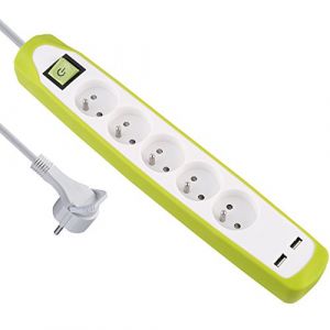 Electraline Gummy 35609 Bloc Multiprise 5 prises et 2 USB - couverture en silicone protection contre impacts - c&acirc;ble 2 mt - fiche