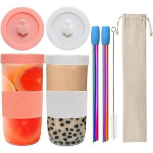 Lot de 2 tasses &agrave; th&eacute; bulles avec pailles verres a smoothie r&eacute;utilisables pour boissons caf&eacute; milkshakes jus smoothies