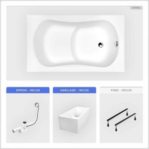 Baignoire rectangulaire - 120 x 70 cm - avec Habillage Polystyr&egrave;ne - Pieds - Poign&eacute;es - Vidage Chrome - ARIA REHAB