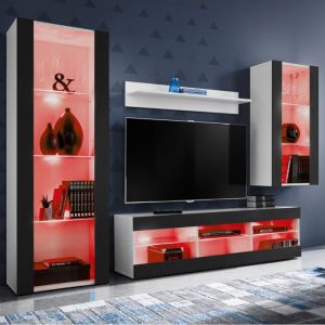 Komodee, Ensembles de meubles Tivoli Medio, Blanc/Noir, Largeur 220cm x Hauteur 159cm x Profondeur 35cm, LED RGB, pour Salon, Chambre