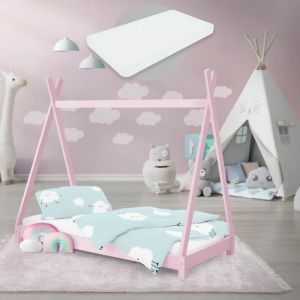 Lit d'enfant Tipi avec sommier à lattes 70x140 cm rose en bois ML-DESIGN