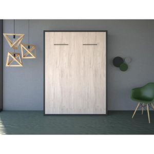 Lit escamotable 140 x 200 cm - Ouverture verticale manuelle - Coloris : Naturel et anthracite + Matelas - MALINA II