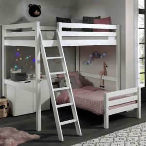 Image de Vipack Furniture PICOMZBE1423 PINO Lit mezzanine 140x200 Blanc + Lit Pin Massif Blanc + Commode 2 portes