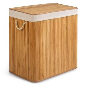 Massido Panier &agrave; linge 3 compartiments, 150 l, avec couvercle et sac &agrave; linge, en bambou, beige, 61 x 62 x 42 cm