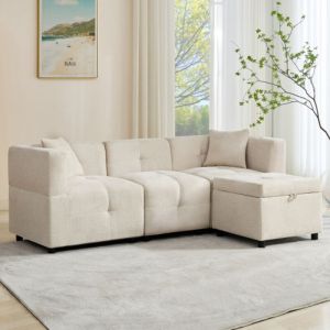 Canap&eacute; d'angle en L, canap&eacute; 3 places avec repose-pieds, 2 coussins, en tissu chenille, beige