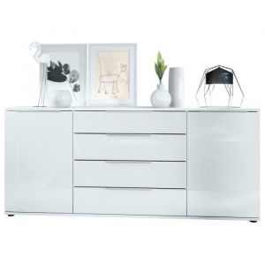 Vladon Buffet Linio V2 166.5 x 72.5 x 35 cm Buffet avec 2 portes et 4 tiroirs, caisson en blanc mat, façades en blanc brillant