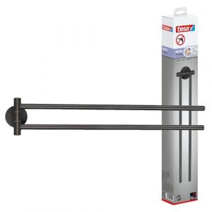 Tesa Moon Porte Serviettes 2 Bras en Graphite Brossé - Porte Serviettes Autocollant en Métal, Revêtement PVD - sans Perçage avec Solution Adhésive - 84 mm x 50 mm x 456 mm
