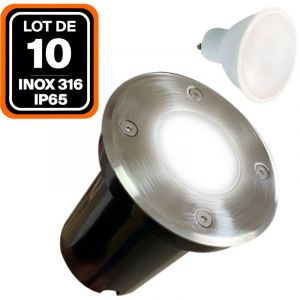 Europalamp Lot de 10 Spot Encastrable de Sol Rond Inox 316 Exterieur IP65 + Ampoule GU10 5W Blanc Froid 6000K