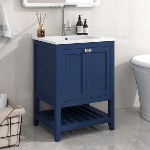 Modernluxe - Meuble de salle de bain avec une vasque en céramique - 2 portes et étagère en bas - Bleu(robinet non inclus)