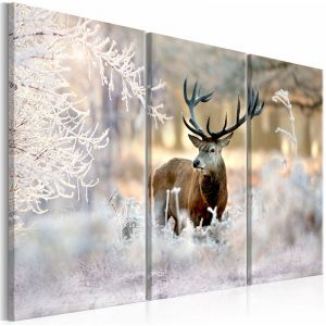 Décoshop26 Tableau sur toile en 3 panneaux décoration murale image imprimée cadre en bois à suspendre Cerf dans le froid I 90x60 cm - or