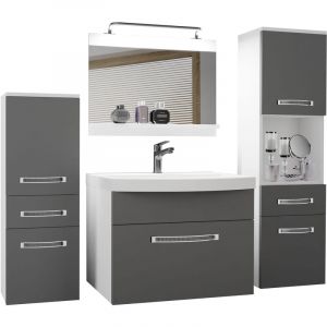 Meuble de Salle de Bain Lavabo Inclus, Meuble sous-Vasque, Miroir et 2X Cabinet Largeur: 140 cm Kit d'éclairage Inclus Couleur : Argent Mat - Belini