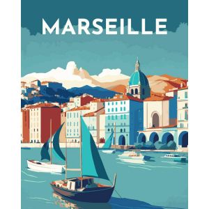Figured'Art Peinture par Num&eacute;ro Adulte avec Cadre Affiche Vintage Marseille - Activit&eacute; Manuelle Kit de Loisir Cr&eacute;atif DIY Num&eacute;ro d'Art Complet - 40x50cm toile tendue sur ch&acirc;ssis