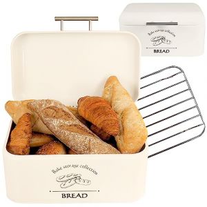Boîte à pain Gadgy - avec couvercle à rabat et ramasse-miettes - Boîte à pain - Blanc cassé - Métal - Boîte de conservation du pain
