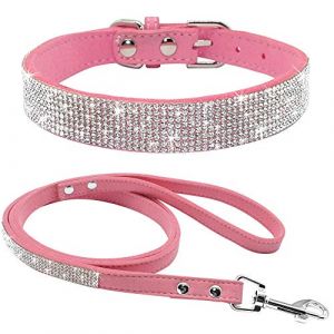 Haoyueer Ensemble Collier et Laisse en Daim Souple avec Strass pour Animal Domestique (Taille M, Rose)