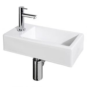 Differnz Helios Petit lavabo en céramique blanc, robinet chromé à gauche, robinet d'eau froide, 37,5 x 18 x 9,5 cm