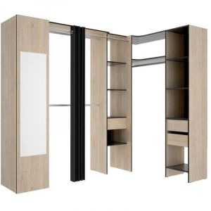 Dressing d'angle avec rideau et 1 porte - Avec miroir - L231 cm - Coloris : Naturel et anthracite - BERTRAND