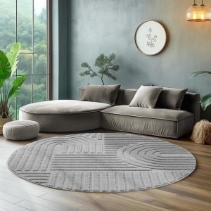 Tapis rond - SIMPEX - Style scandinave - Motifs 3D - Doux et moelleux - Gris - 120 x 120 cm
