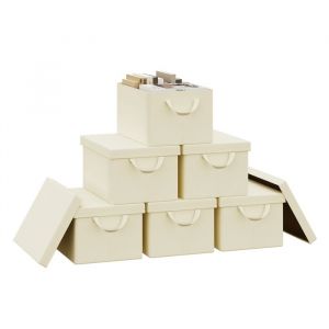 Woltu - Lot de 6 Boîte de Rangement 38x27x20 cm, avec Couvercle, Coffre de Rangement en Tissu non Tissé, Pliable, Crème